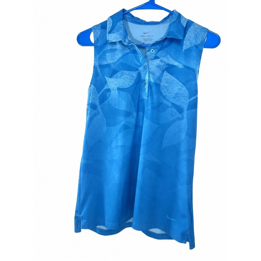 Nike Dri-FIT Women's Small Blue Leaf Print Sleeveless Golf Polo Shirt